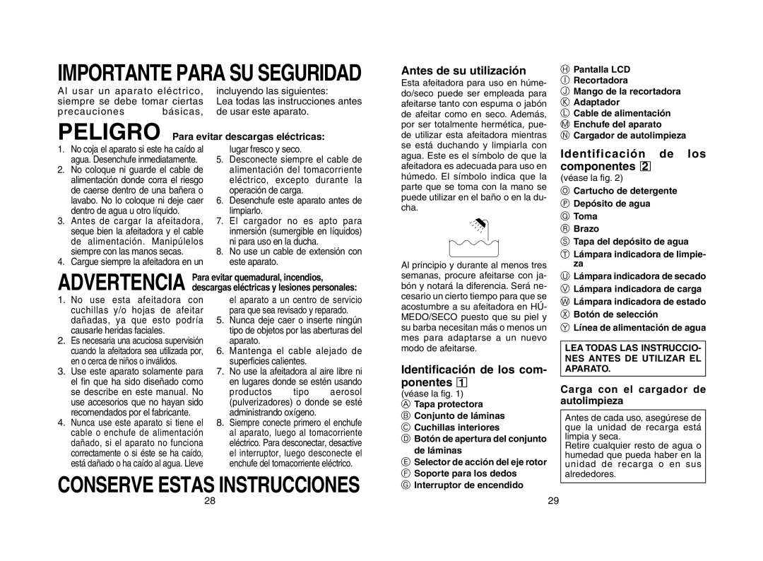 Panasonic ES8167, ES8168 Antes de su utilización, Identificación de los Componentes, Identificación de los com- ponentes 