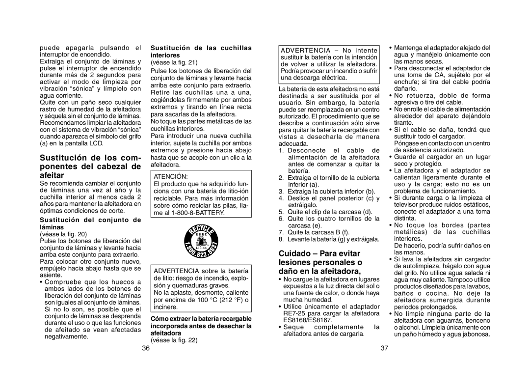 Panasonic ES8167, ES8168 operating instructions Sustitución de los com- ponentes del cabezal de afeitar, En la pantalla LCD 