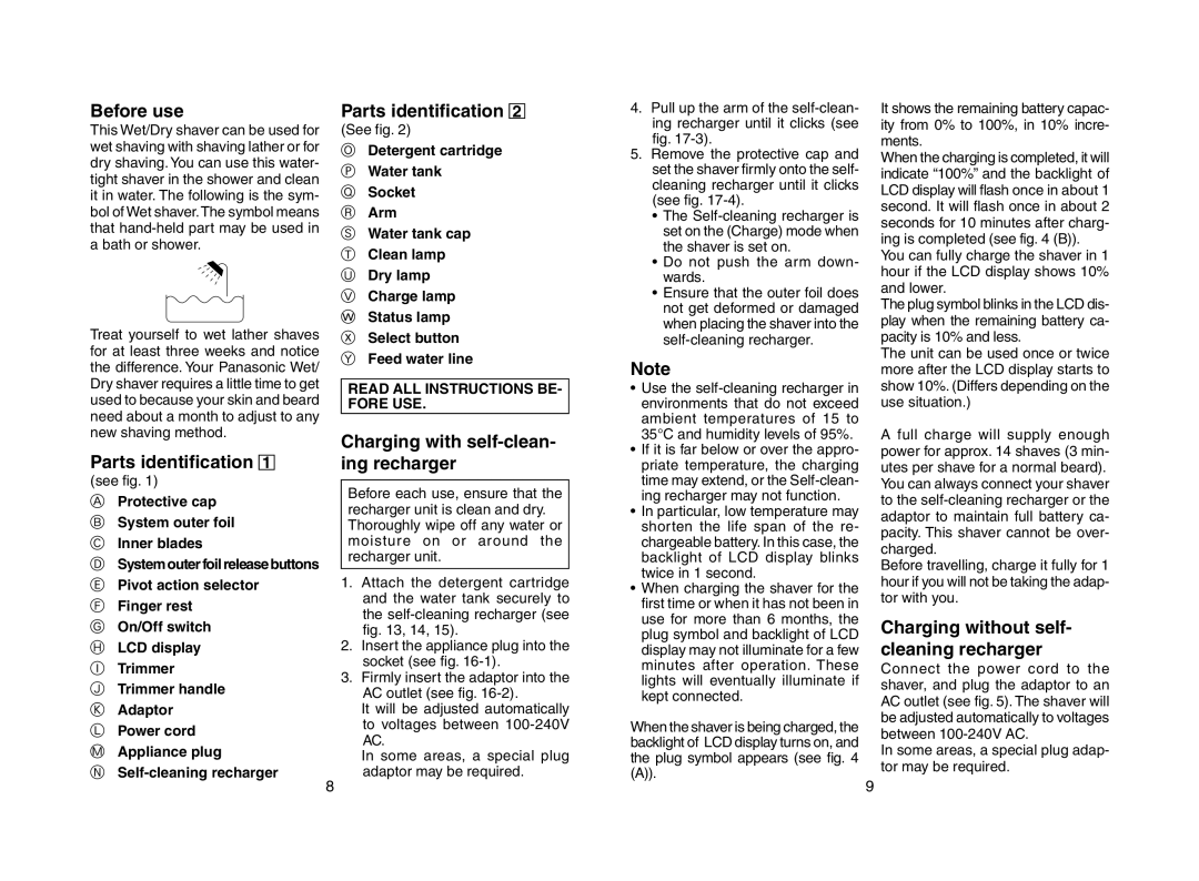 Panasonic ES8167, ES8168 operating instructions Before use, Parts identification, Charging with self-clean- ing recharger 