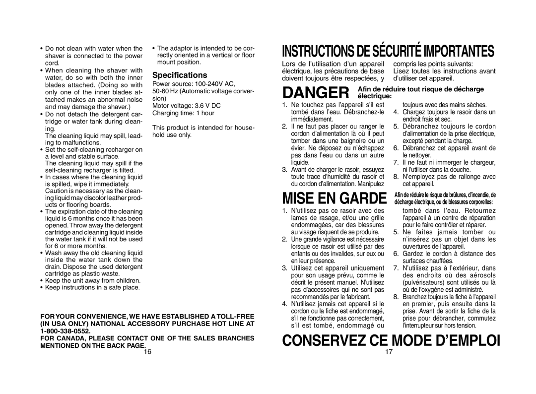 Panasonic ES8167, ES8168 operating instructions Specifications 