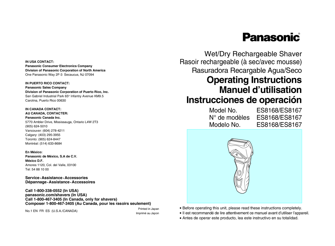 Panasonic operating instructions Rasuradora Recargable Agua/Seco, Model No, N de modèles, Modelo No, ES8168/ES8167 