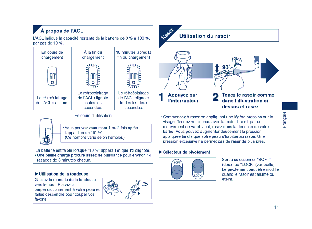 Panasonic ES8224 Utilisation du rasoir, Propos de l’ACL, Appuyez sur, ’interrupteur Dans l’illustration ci Dessus et rasez 