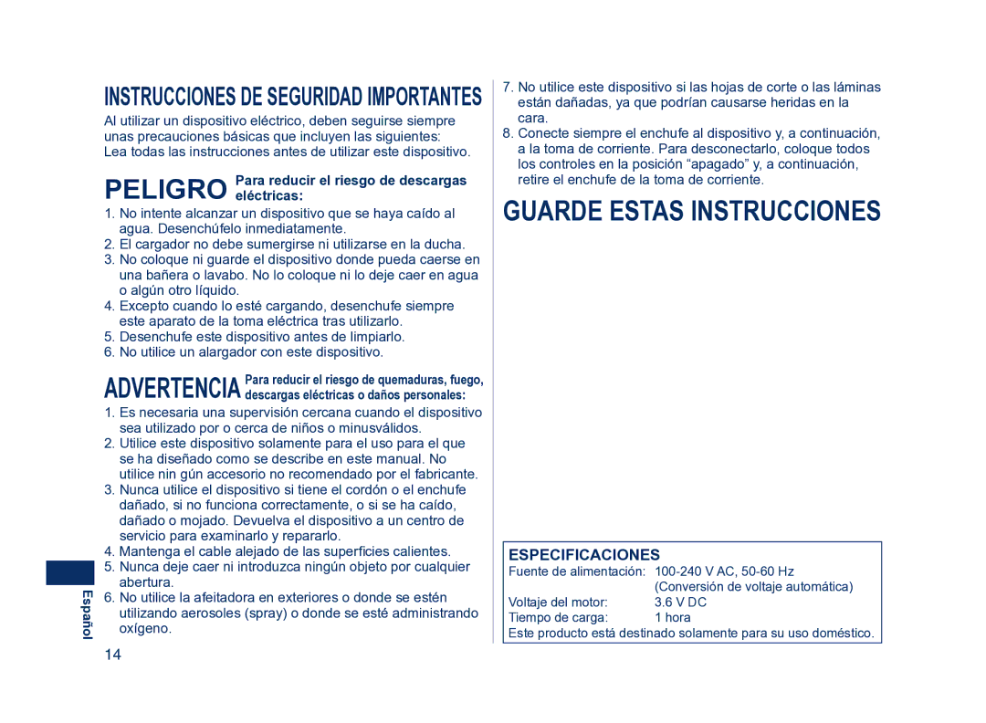 Panasonic ES8224 operating instructions Español, Fuente de alimentación AC, 50-60 Hz 