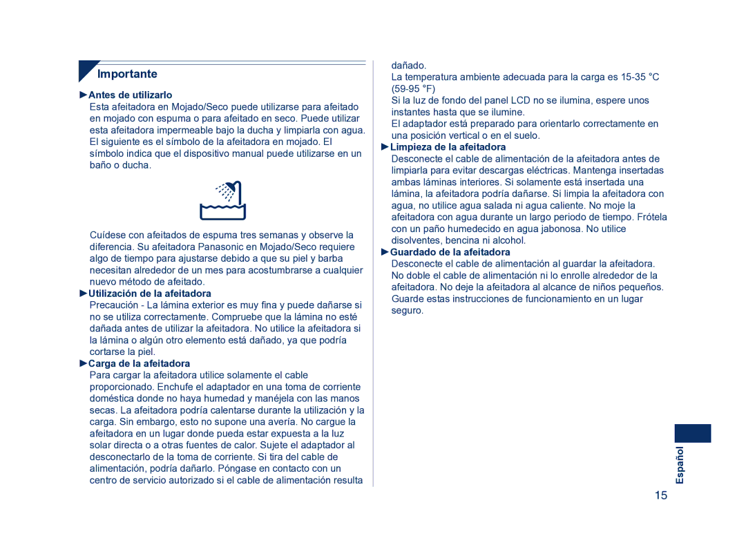 Panasonic ES8224 operating instructions Importante 