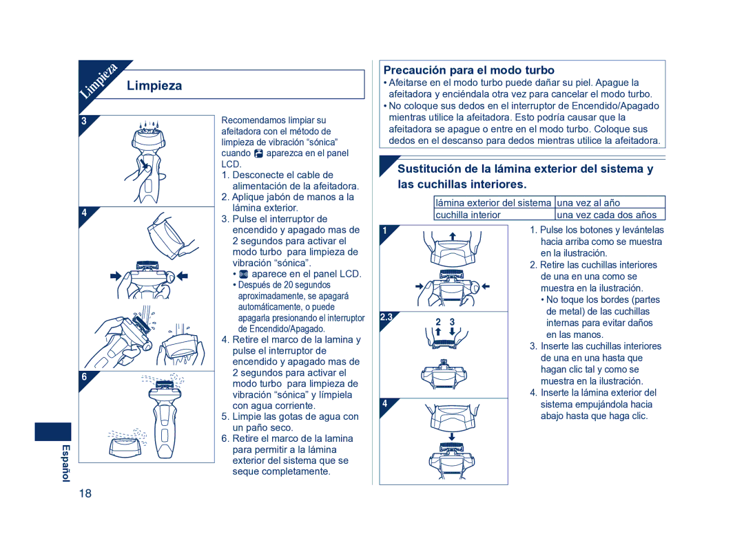 Panasonic ES8224 operating instructions Limpieza, Precaución para el modo turbo 