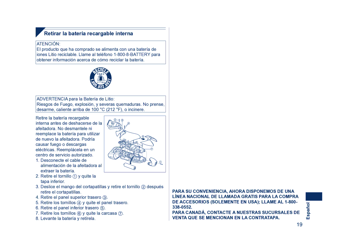 Panasonic ES8224 operating instructions Retirar la batería recargable interna, Advertencia para la Batería de Litio 