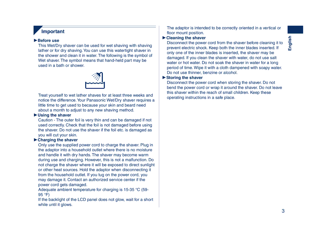 Panasonic ES8224 Before use, Using the shaver Charging the shaver, Cleaning the shaver, Storing the shaver 