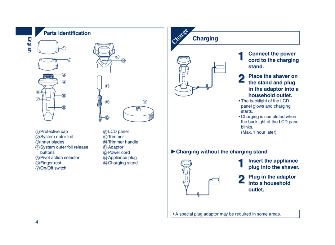 Panasonic ES8224 operating instructions Charging, Parts identiﬁcation, Special plug adaptor may be required in some areas 