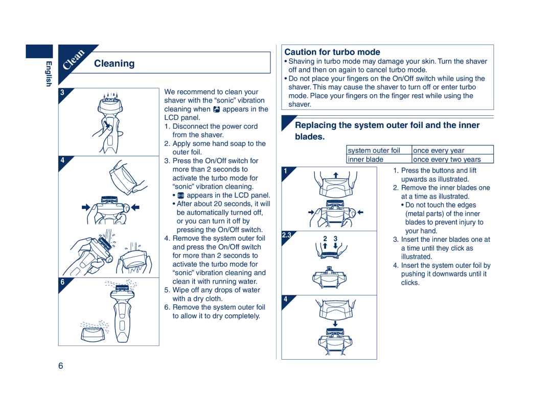 Panasonic ES8224 operating instructions Cleaning, Replacing the system outer foil and the inner blades 