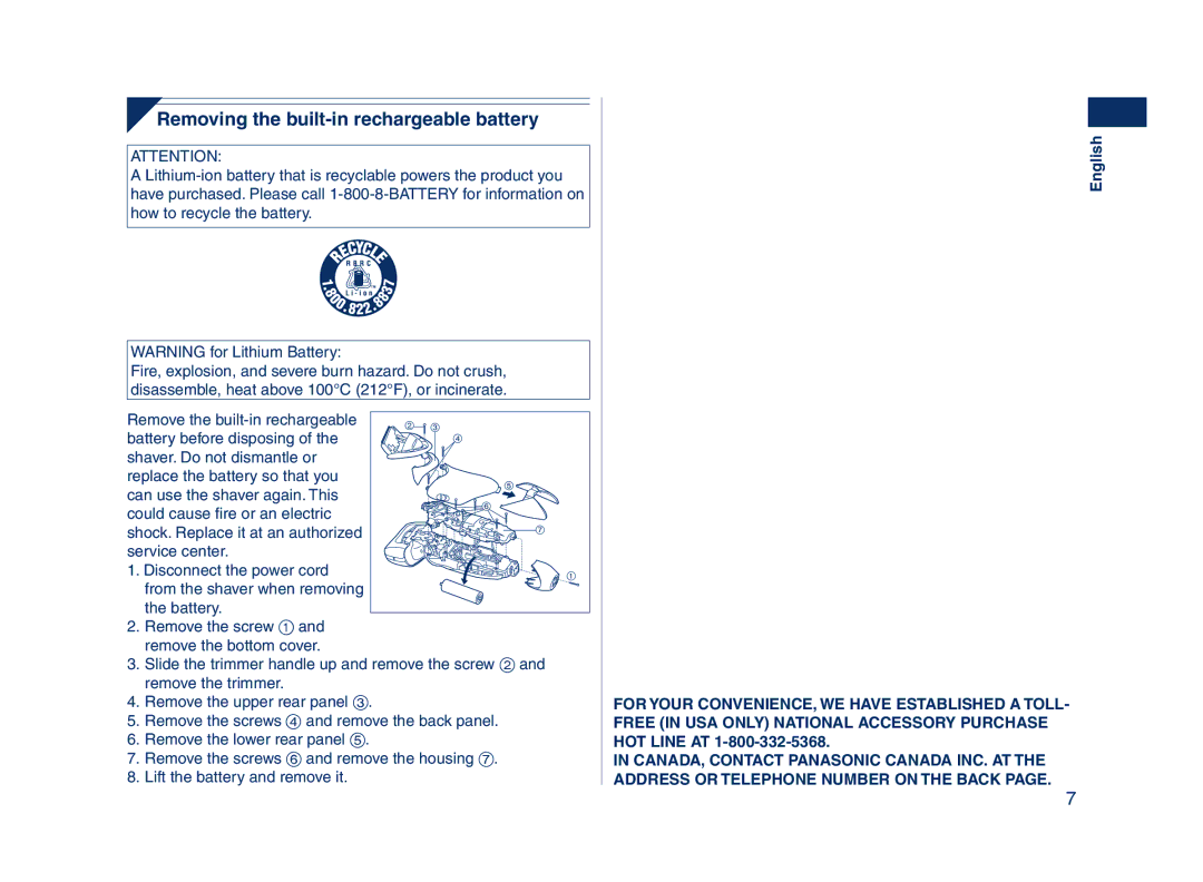 Panasonic ES8224 operating instructions Removing the built-in rechargeable battery 