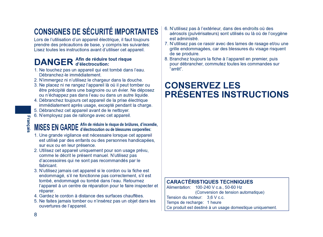 Panasonic ES8224 operating instructions Consignes DE Sécurité Importantes, Français 