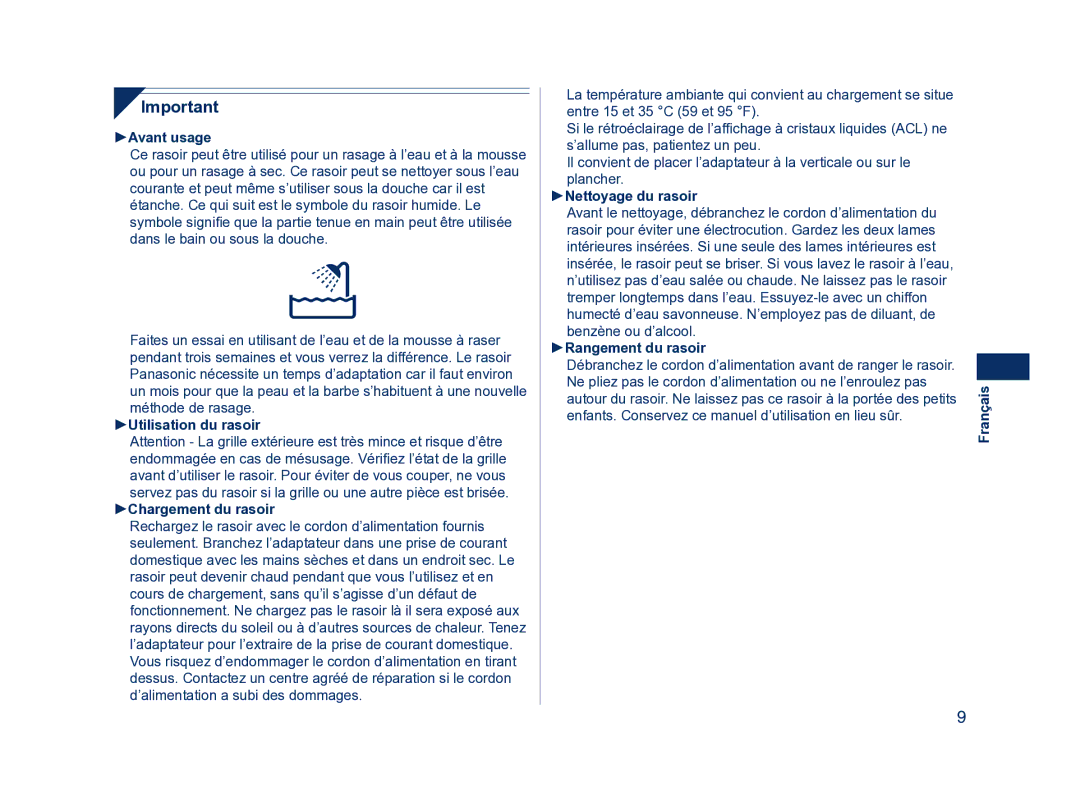 Panasonic ES8224 Avant usage, Utilisation du rasoir Chargement du rasoir, Nettoyage du rasoir, Rangement du rasoir 