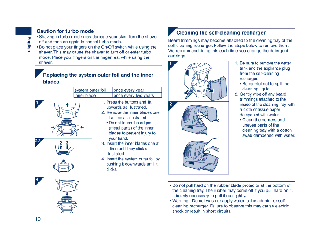 Panasonic ES8228 Cleaning the self-cleaning recharger, Replacing the system outer foil and the inner, Blades 