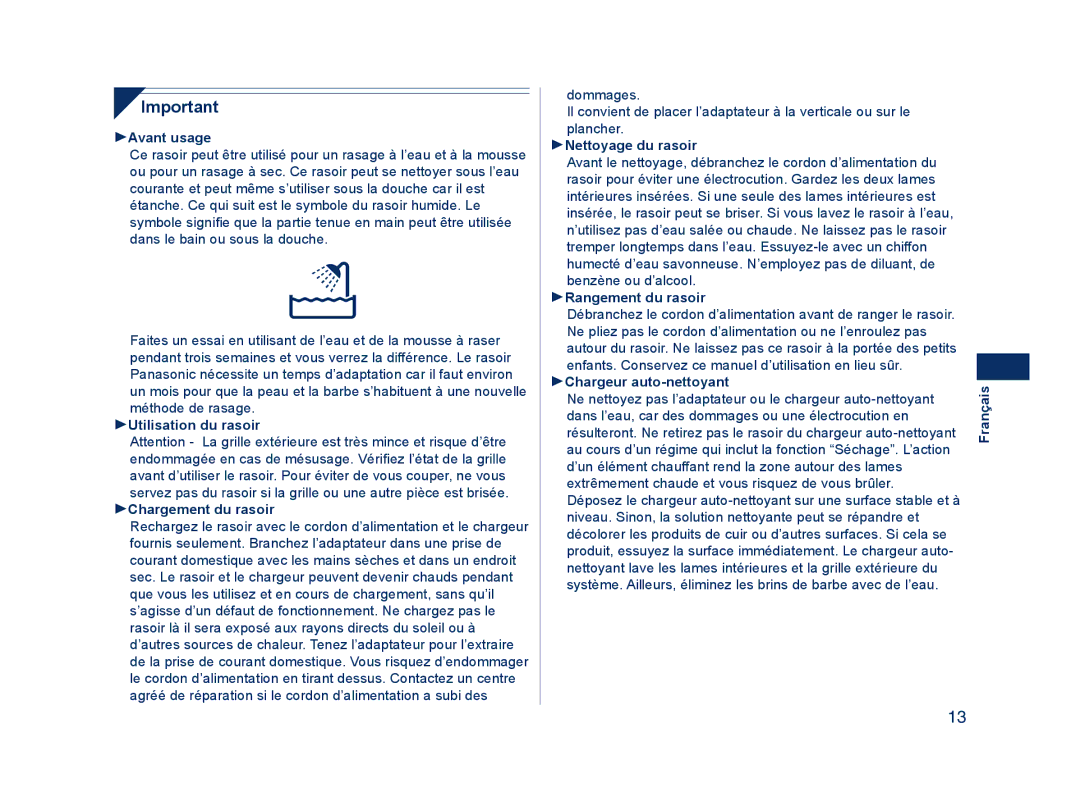 Panasonic ES8228 Avant usage, Utilisation du rasoir Chargement du rasoir, Nettoyage du rasoir, Rangement du rasoir 