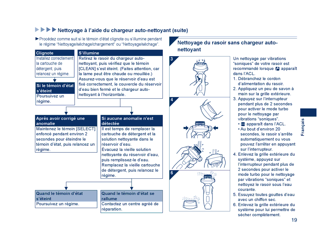 Panasonic ES8228 Nettoyage à l’aide du chargeur auto-nettoyant suite, Nettoyage du rasoir sans chargeur auto- nettoyant 