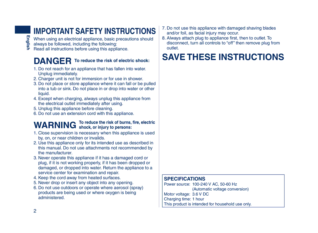 Panasonic ES8228 operating instructions Important Safety Instructions 