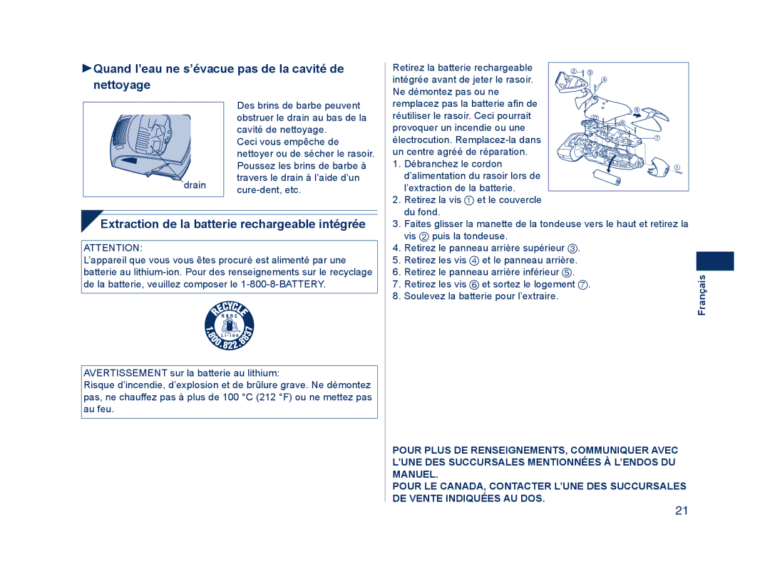 Panasonic ES8228 Quand l’eau ne s’évacue pas de la cavité de nettoyage, Extraction de la batterie rechargeable intégrée 