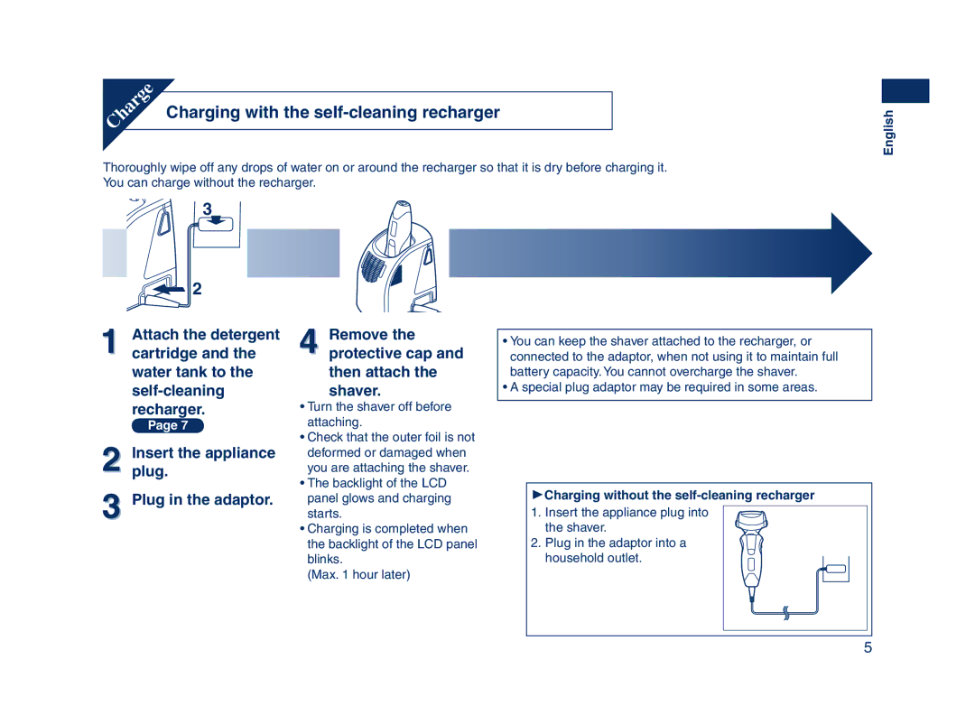 Panasonic ES8228 operating instructions Charging with the self-cleaning recharger 