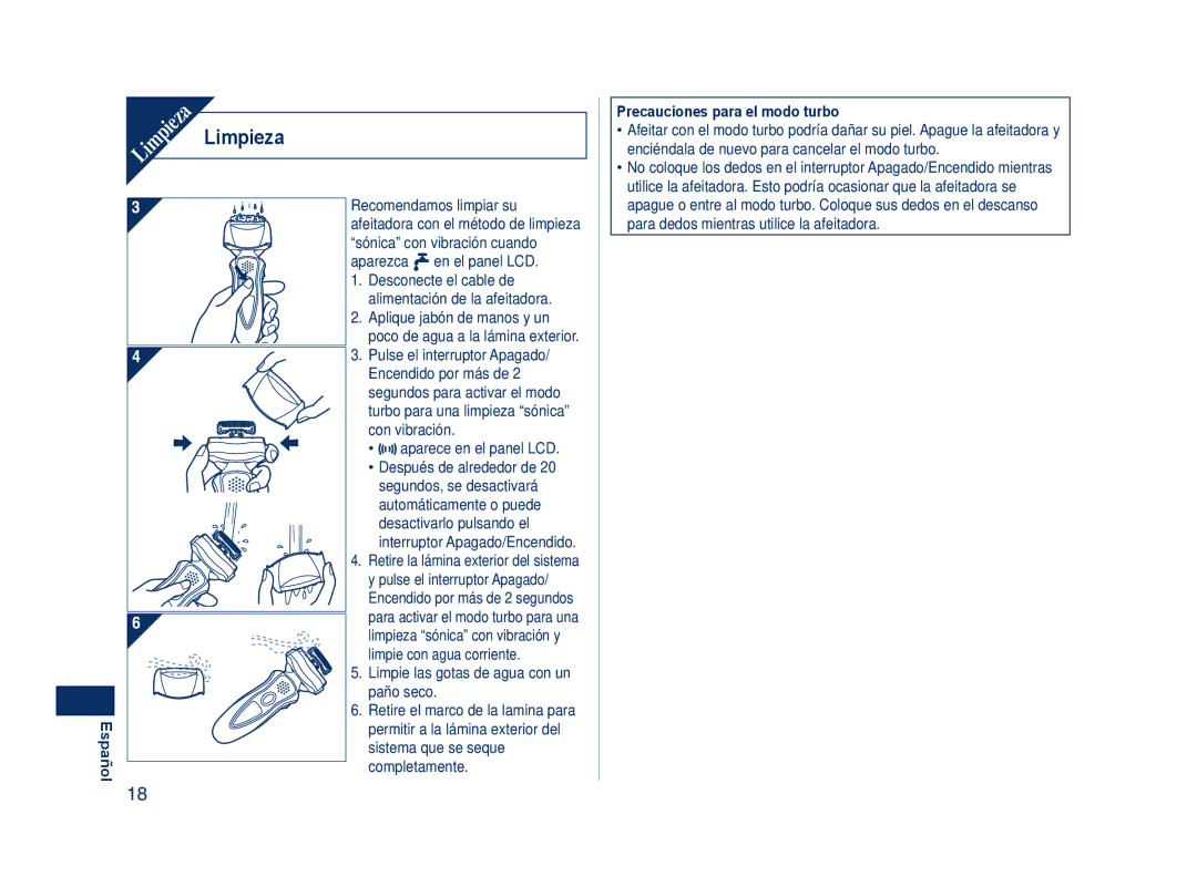 Panasonic ES8243A operating instructions Limpieza, Aparece en el panel LCD, Limpie las gotas de agua con un paño seco 