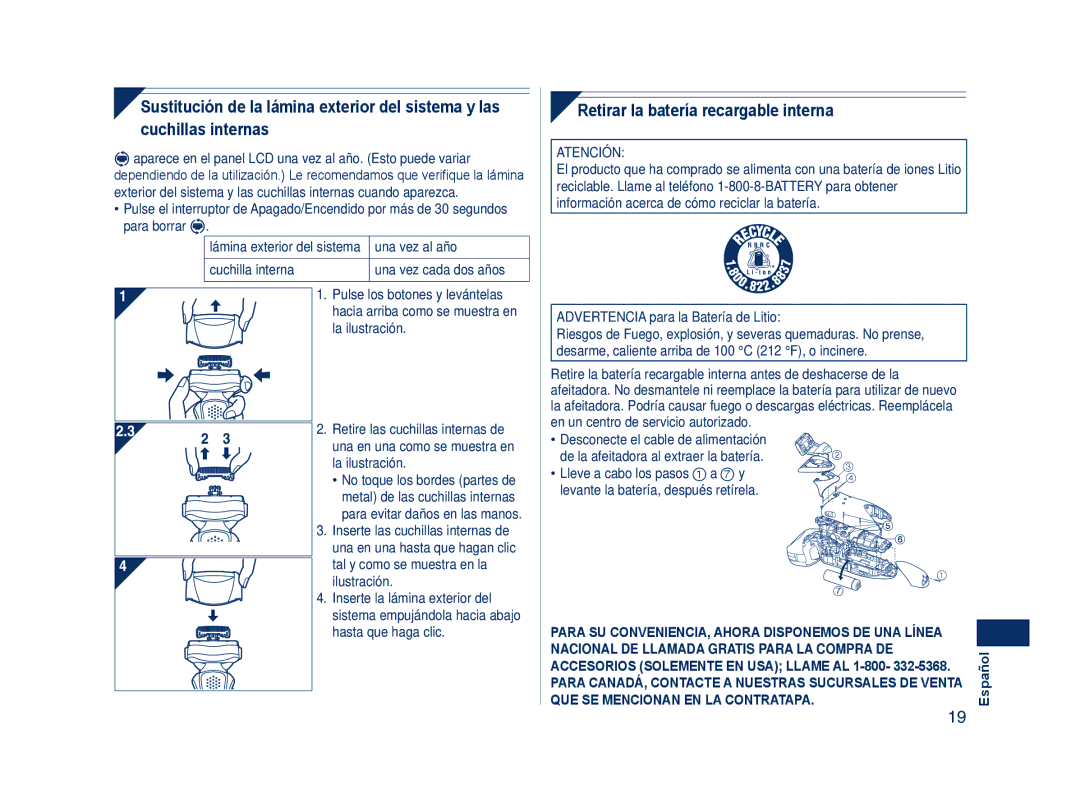 Panasonic ES8243A operating instructions Retirar la batería recargable interna 