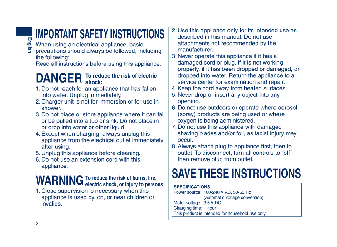 Panasonic ES8243A operating instructions Important Safety Instructions 