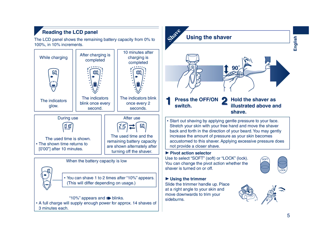 Panasonic ES8243A operating instructions Using the shaver 90˚ 