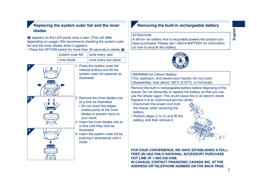 Panasonic ES8243A operating instructions Replacing the system outer foil and the inner blades 