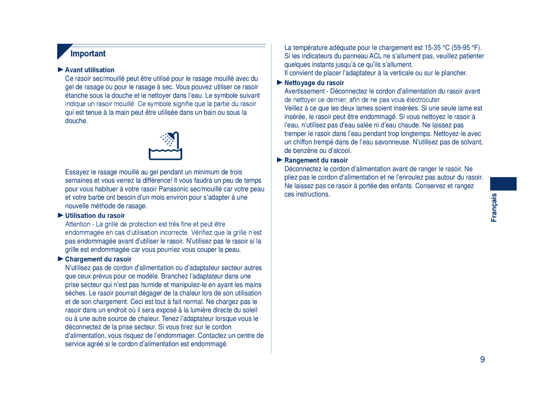 Panasonic ES8243A  Avant utilisation,  Utilisation du rasoir  Chargement du rasoir, Nettoyage du rasoir 