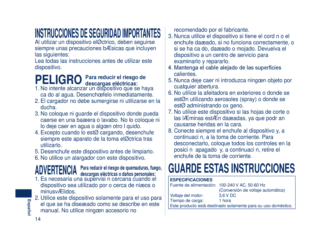 Panasonic ES8243 Instruccionesdeseguridadimportantes, Peligro Para reducir el riesgo de descargas eléctricas 