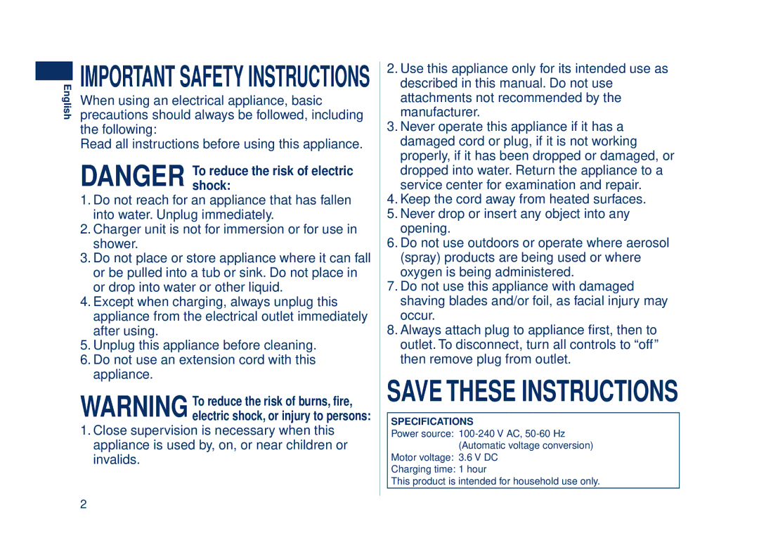 Panasonic ES8243 operating instructions Important Safety Instructions 