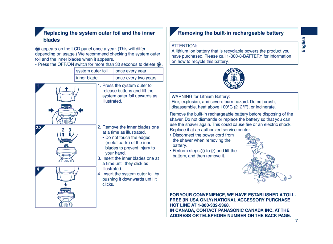 Panasonic ES8243 operating instructions Replacing the system outer foil and the inner blades 