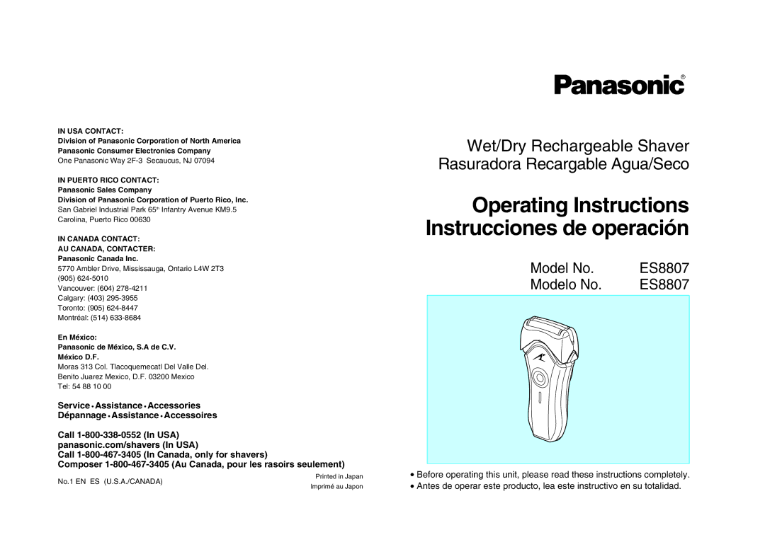 Panasonic ES8807 operating instructions Operating Instructions Instrucciones de operación 