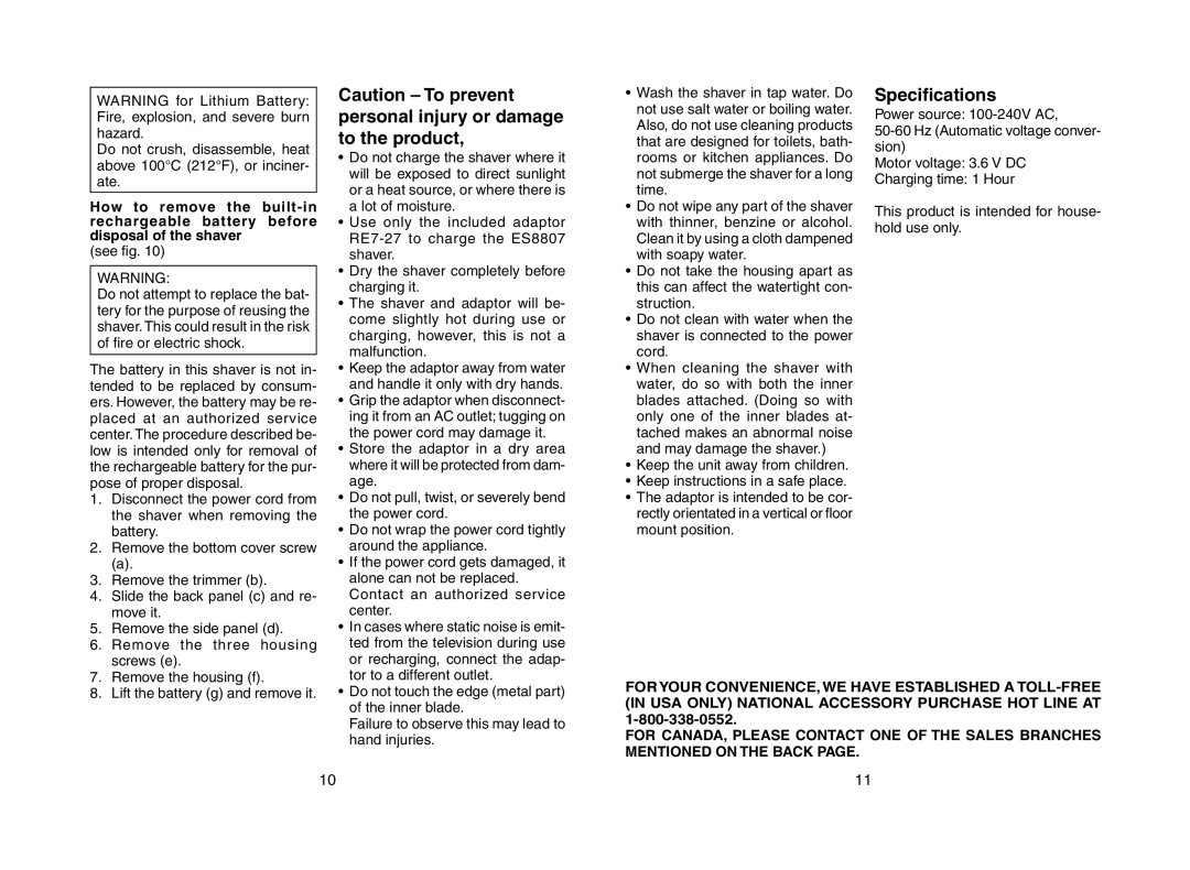 Panasonic ES8807 operating instructions Specifications, Malfunction 