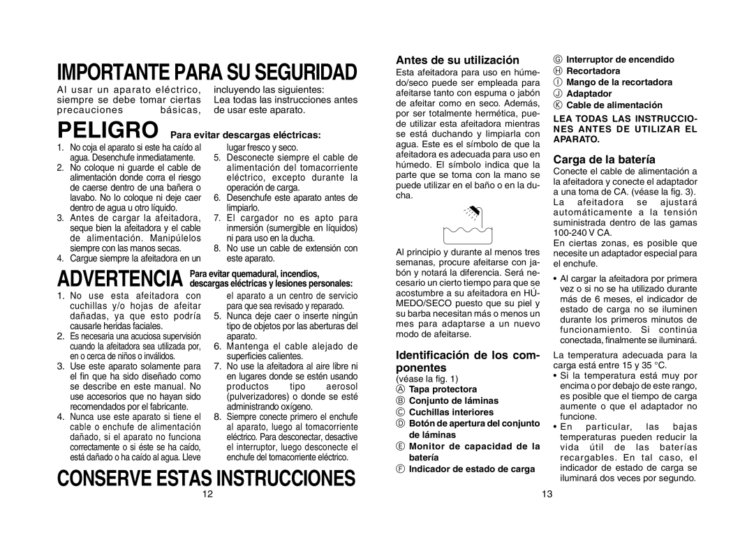 Panasonic ES8807 operating instructions Antes de su utilización, Carga de la batería, Identificación de los com- ponentes 