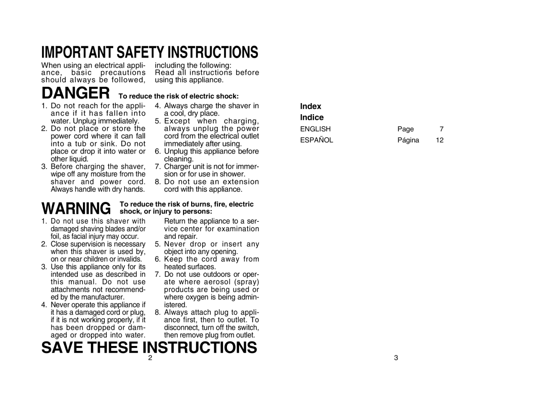 Panasonic ES8807 operating instructions Important Safety Instructions, Index Indice, Save These Instructions 