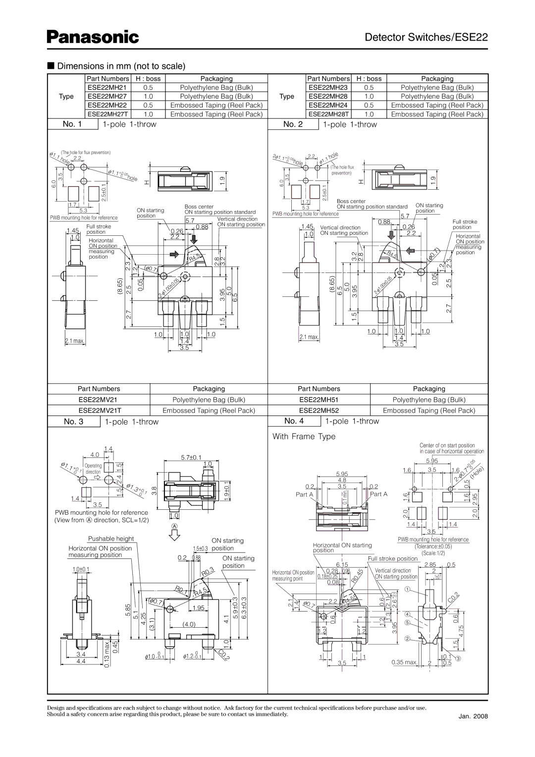 Panasonic specifications Detector Switches/ESE22, Dimensions in mm not to scale, Pole 1-throw With Frame Type 