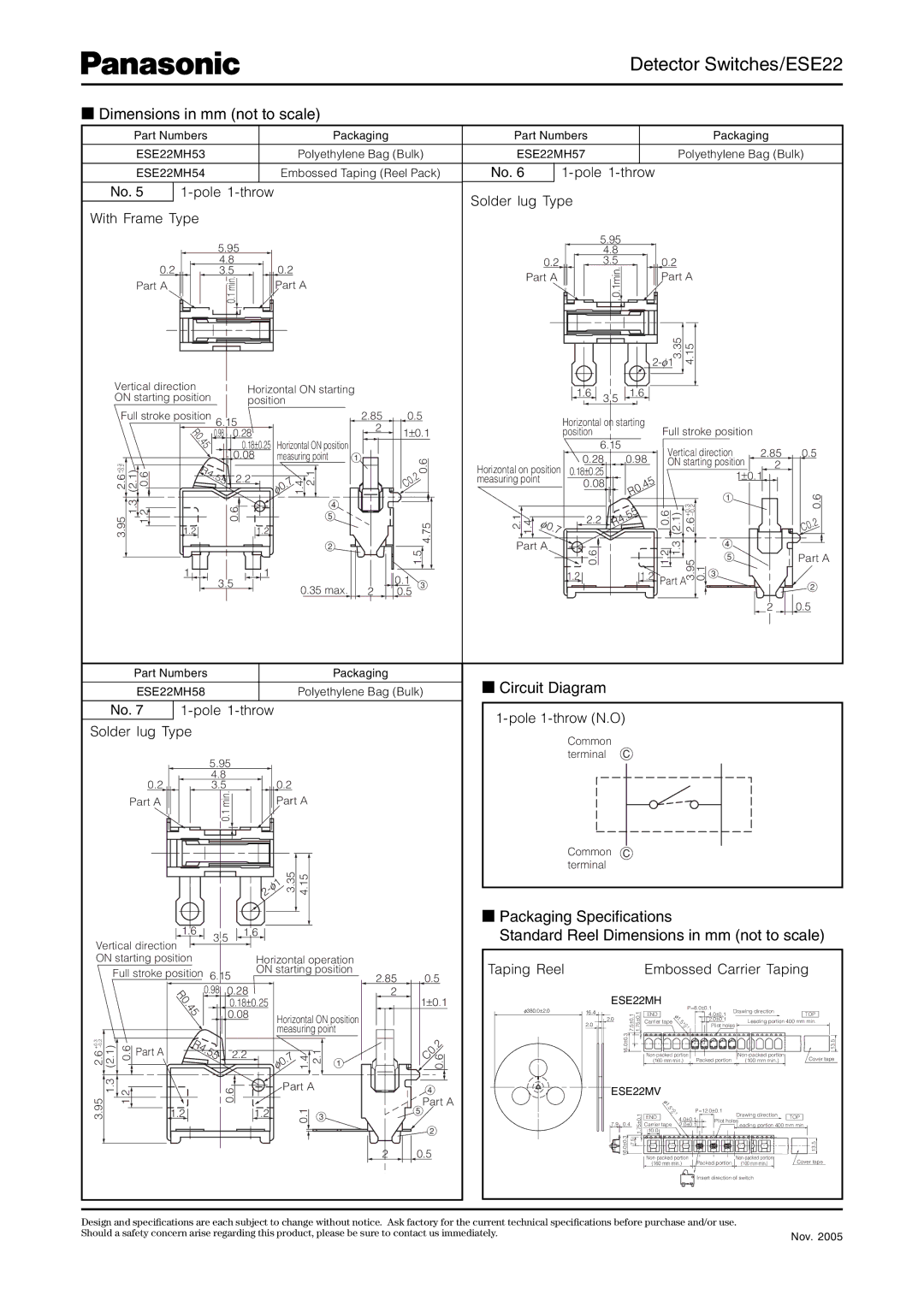 Panasonic specifications Circuit Diagram, Pole 1-throw Solder lug Type, Pole 1-throw N.O, ESE22MH, ESE22MV 