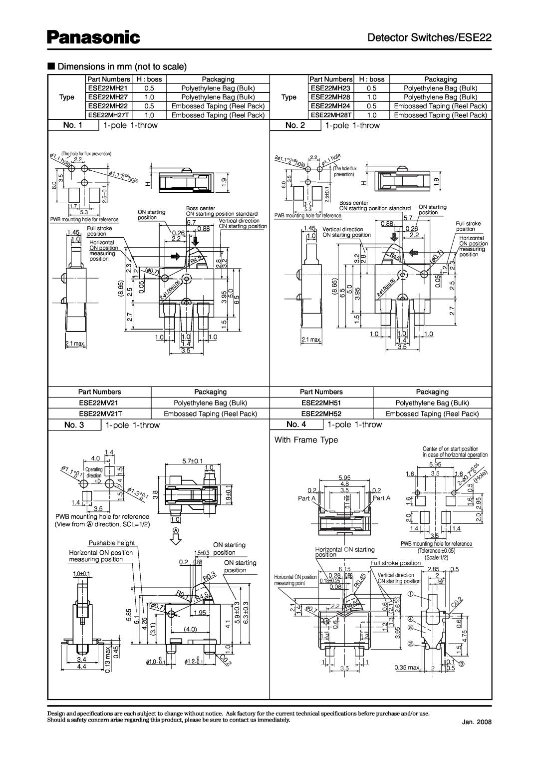 Panasonic specifications Detector Switches/ESE22, Dimensions in mm not to scale, hole 