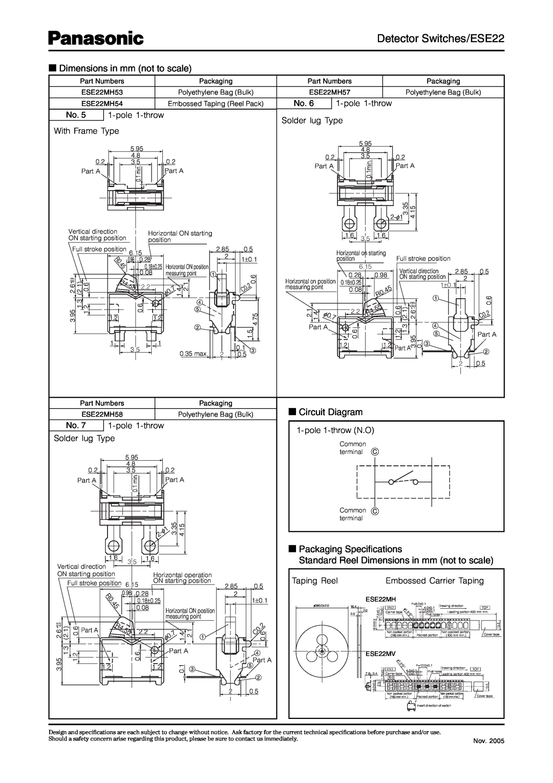 Panasonic ESE22 Circuit Diagram, Packaging Speciﬁcations Standard Reel Dimensions in mm not to scale, Taping Reel 