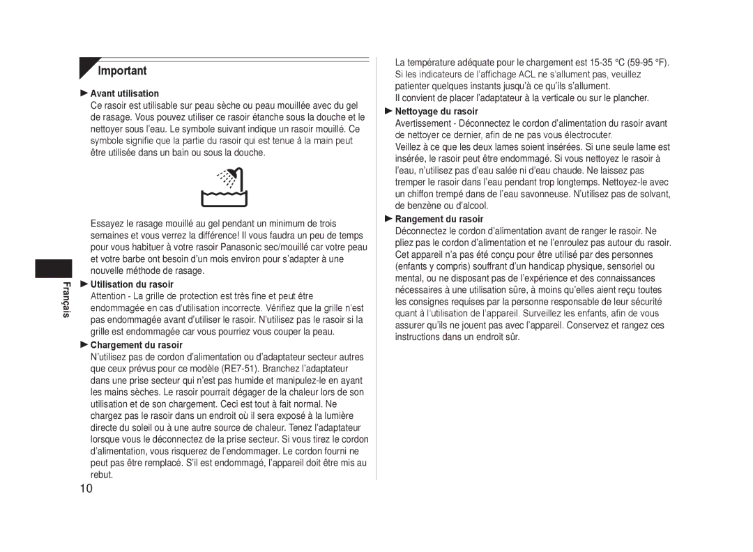 Panasonic ESLA63S Avant utilisation, Utilisation du rasoir, Chargement du rasoir,  Nettoyage du rasoir 