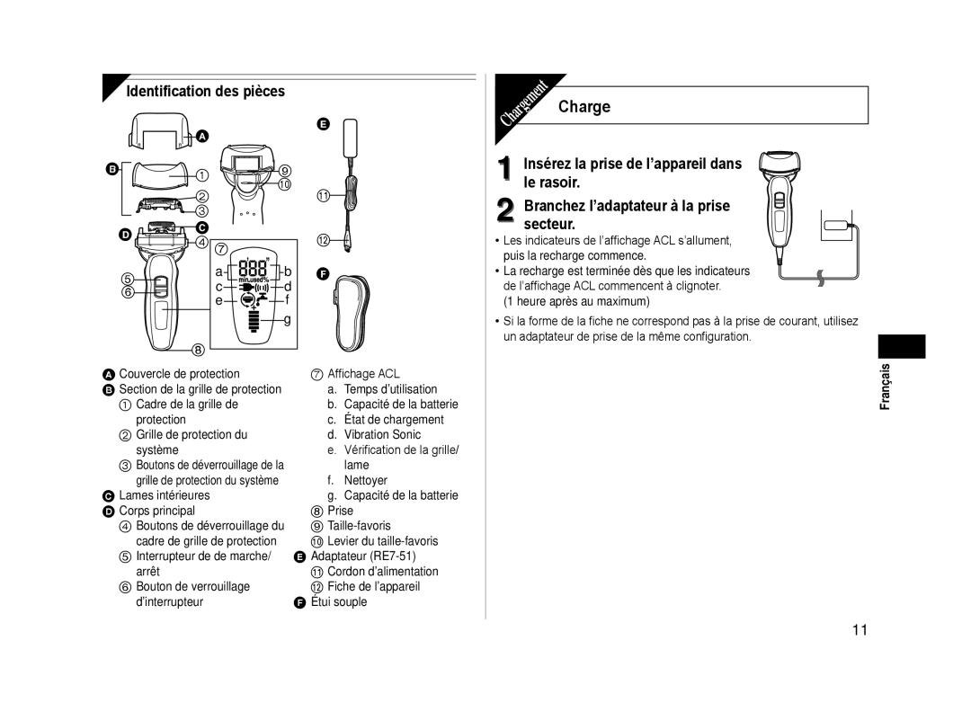 Panasonic ESLA63S operating instructions Charge, Identification des pièces, Affichage ACL, Vérification de la grille/ lame 