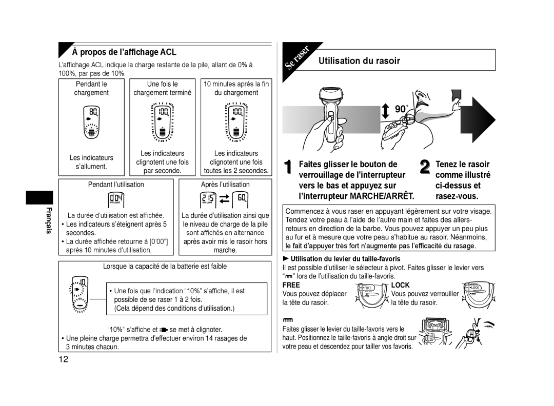 Panasonic ESLA63S Utilisation du rasoir 90˚, Propos de l’affichage ACL,  Utilisation du levier du taille-favoris 