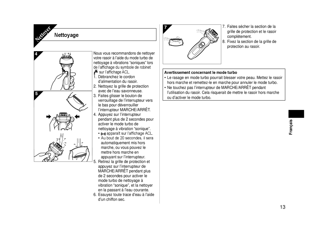 Panasonic ESLA63S operating instructions Nettoyage, Avertissement concernant le mode turbo 