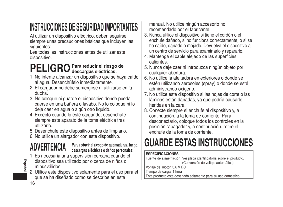 Panasonic ESLA63S Instruccionesdeseguridadimportantes, Peligro Para reducir el riesgo de descargas eléctricas 