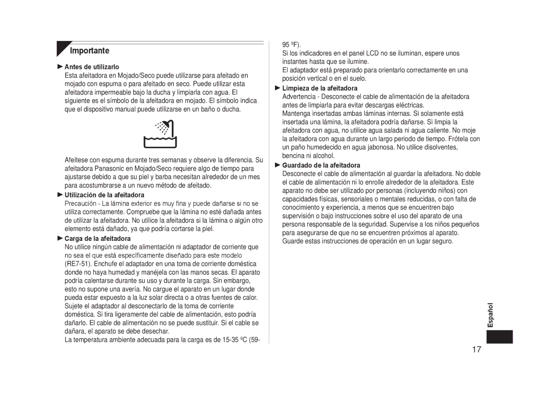 Panasonic ESLA63S operating instructions Importante 