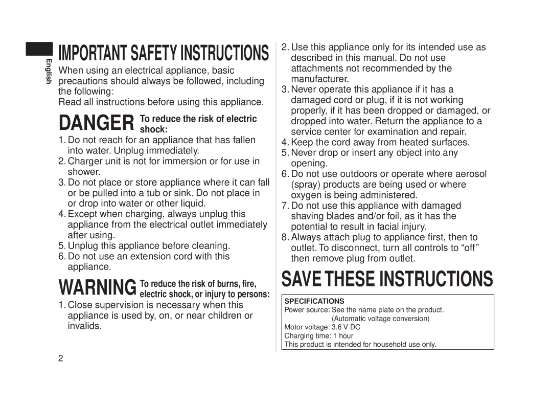 Panasonic ESLA63S operating instructions Important Safety Instructions 