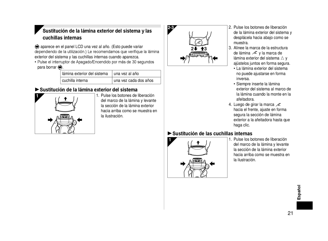 Panasonic ESLA63S Sustitución de la lámina exterior del sistema, Sustitución de las cuchillas internas 