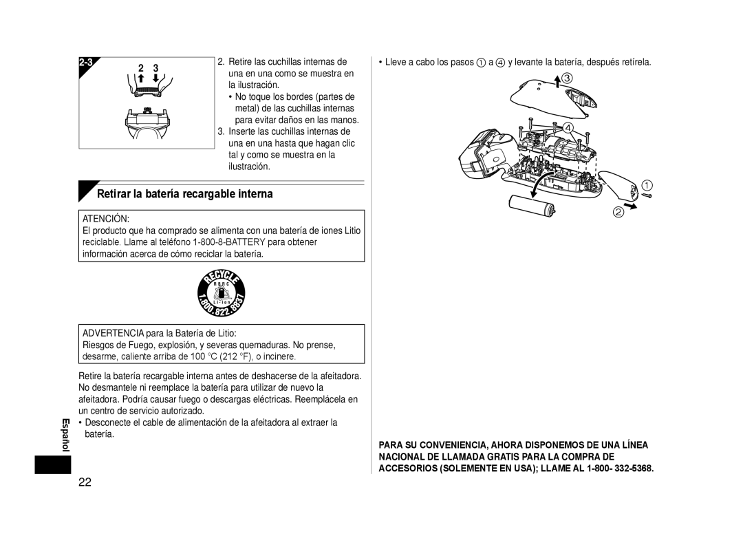 Panasonic ESLA63S operating instructions Retirar la batería recargable interna 