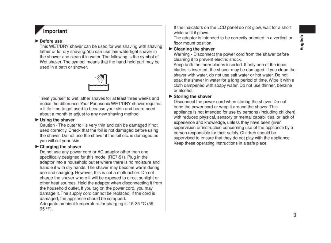 Panasonic ESLA63S operating instructions  Before use 