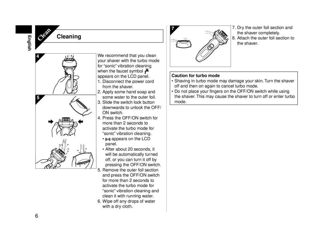 Panasonic ESLA63S operating instructions Cleaning 